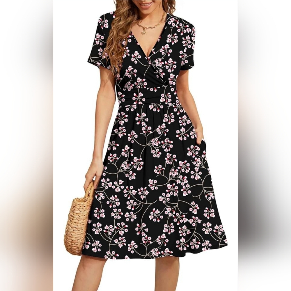 Weacczy Women's Summer Casual Dress V-Neck Floral Party Dress with pockets